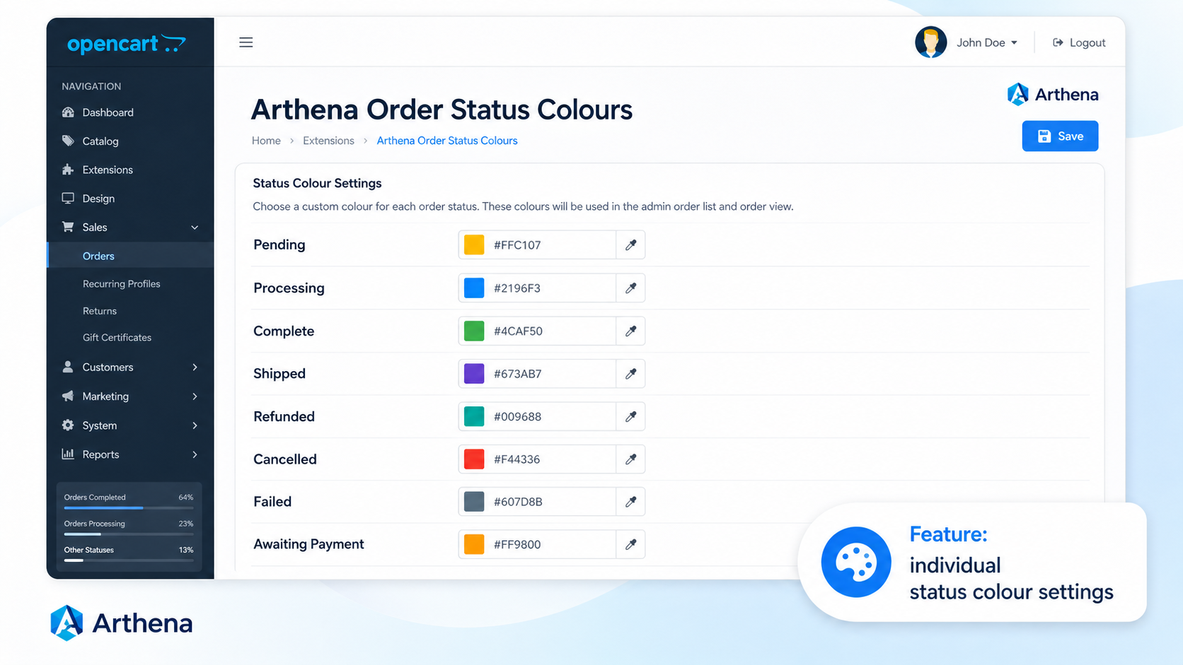 Arthena Order Status Colours settings page with individual colour pickers