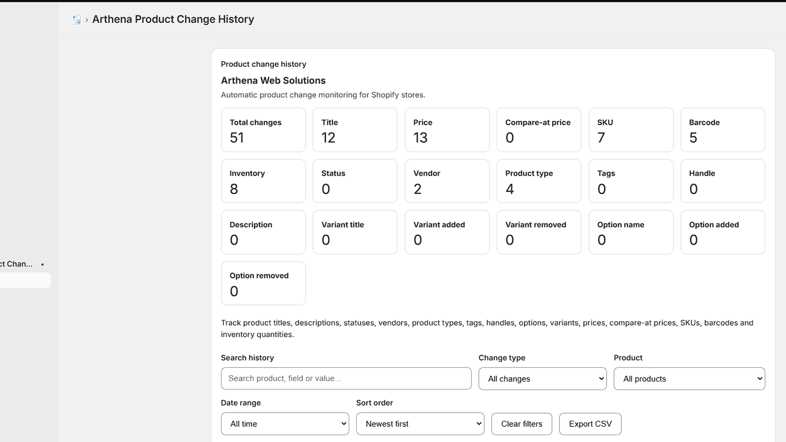Product change history dashboard showing tracked changes