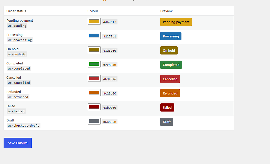 Arthena Order Status Colours settings page for WooCommerce
